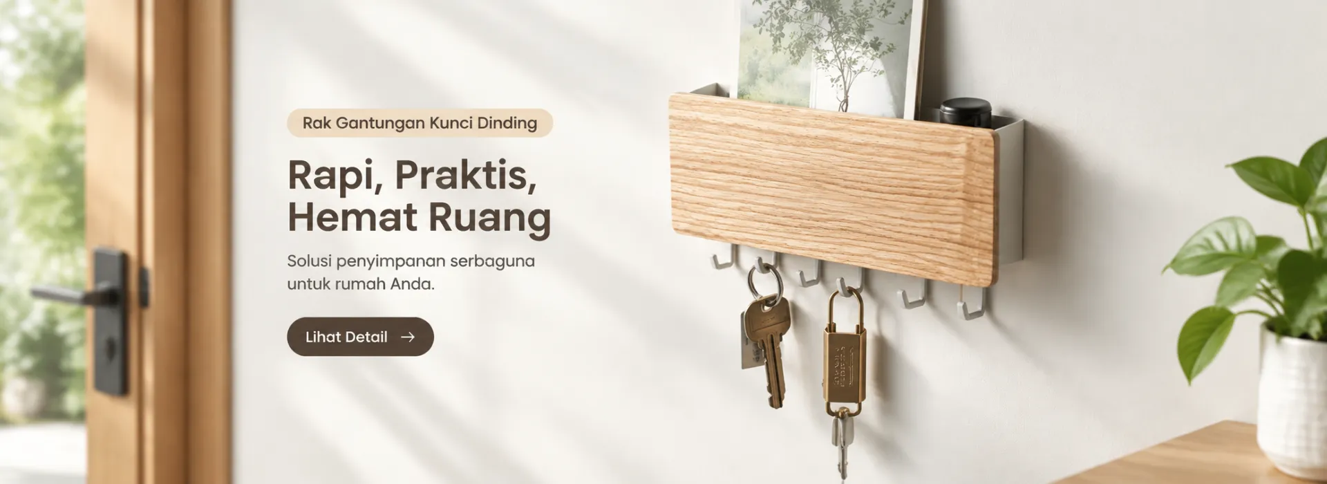 Rak Gantungan Kunci Dinding Kayu Serbaguna Tanpa Bor